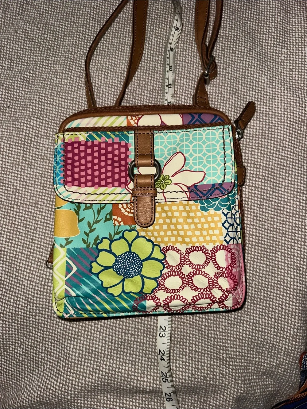 Fossil Patchwork Floral Crossbody in Multicolor with Brown Trim